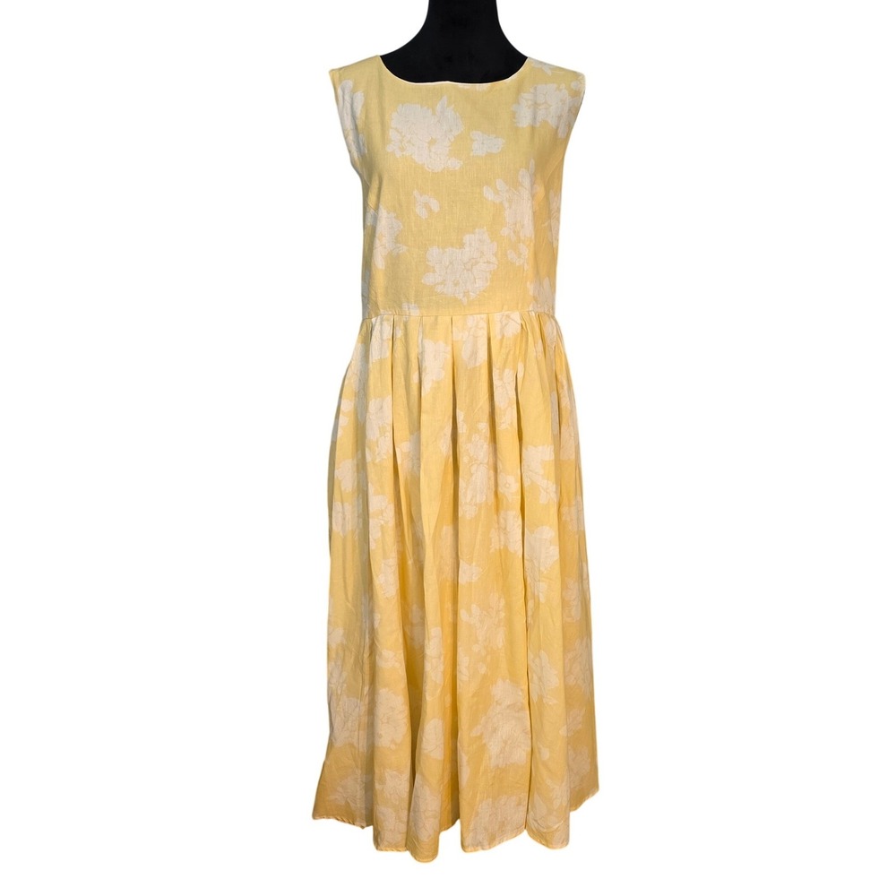 Linen Vibes Yellow White Floral Linen Blend Lace Up Back Midi Dress XXL 1701364